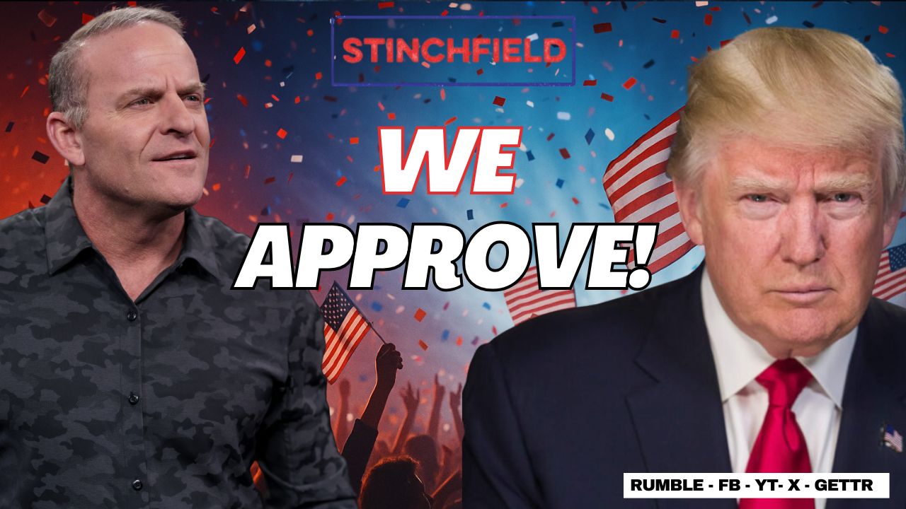 Image featuring a host and Donald Trump with the text "We Approve!" against a backdrop of confetti and American flags, promoting a political message.