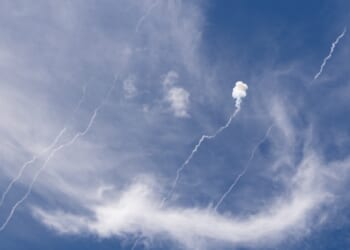 The sky over Kyiv, Ukraine following a missile attack.