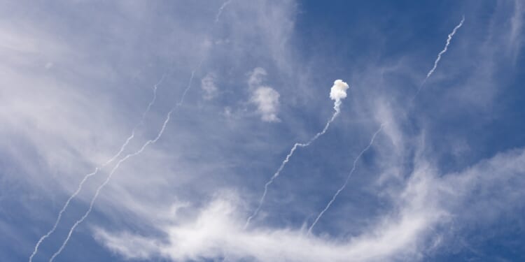 The sky over Kyiv, Ukraine following a missile attack.