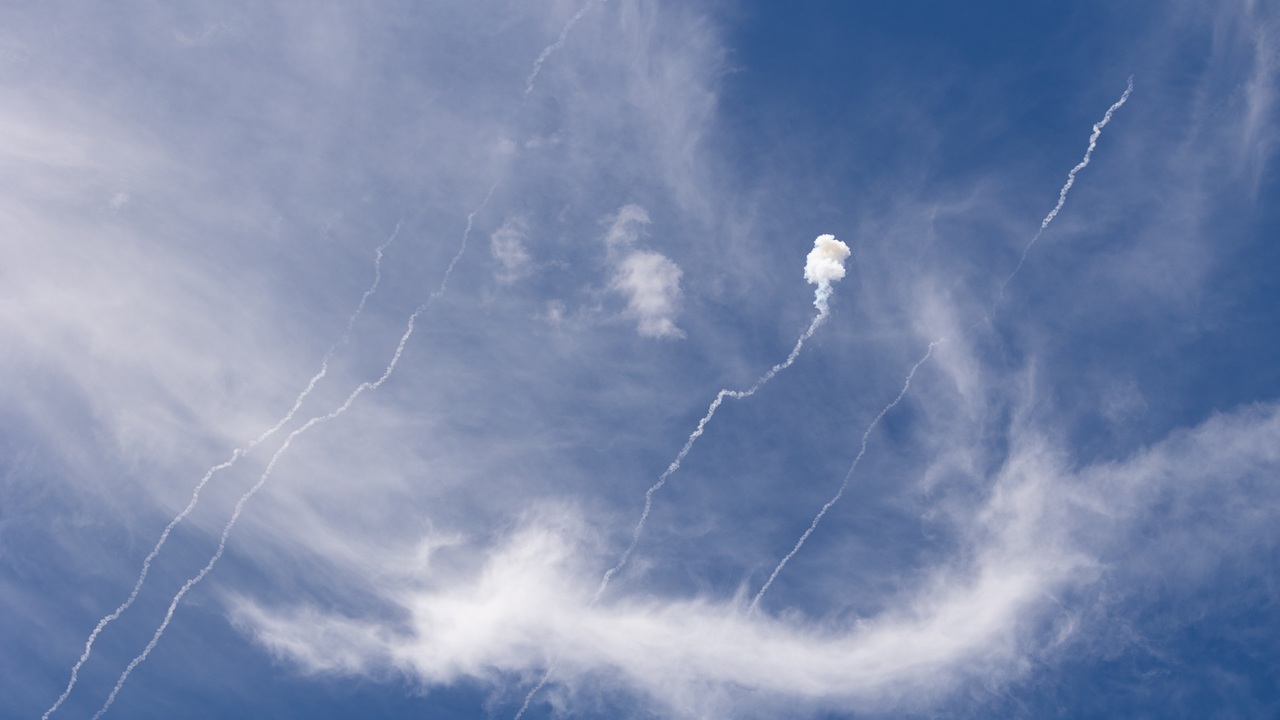 The sky over Kyiv, Ukraine following a missile attack.