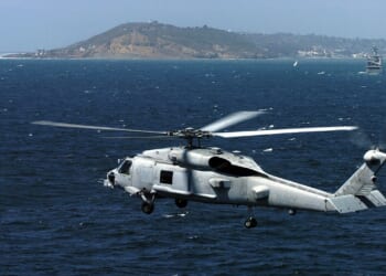 An MH-60 Sea Hawk helicopter in flight.