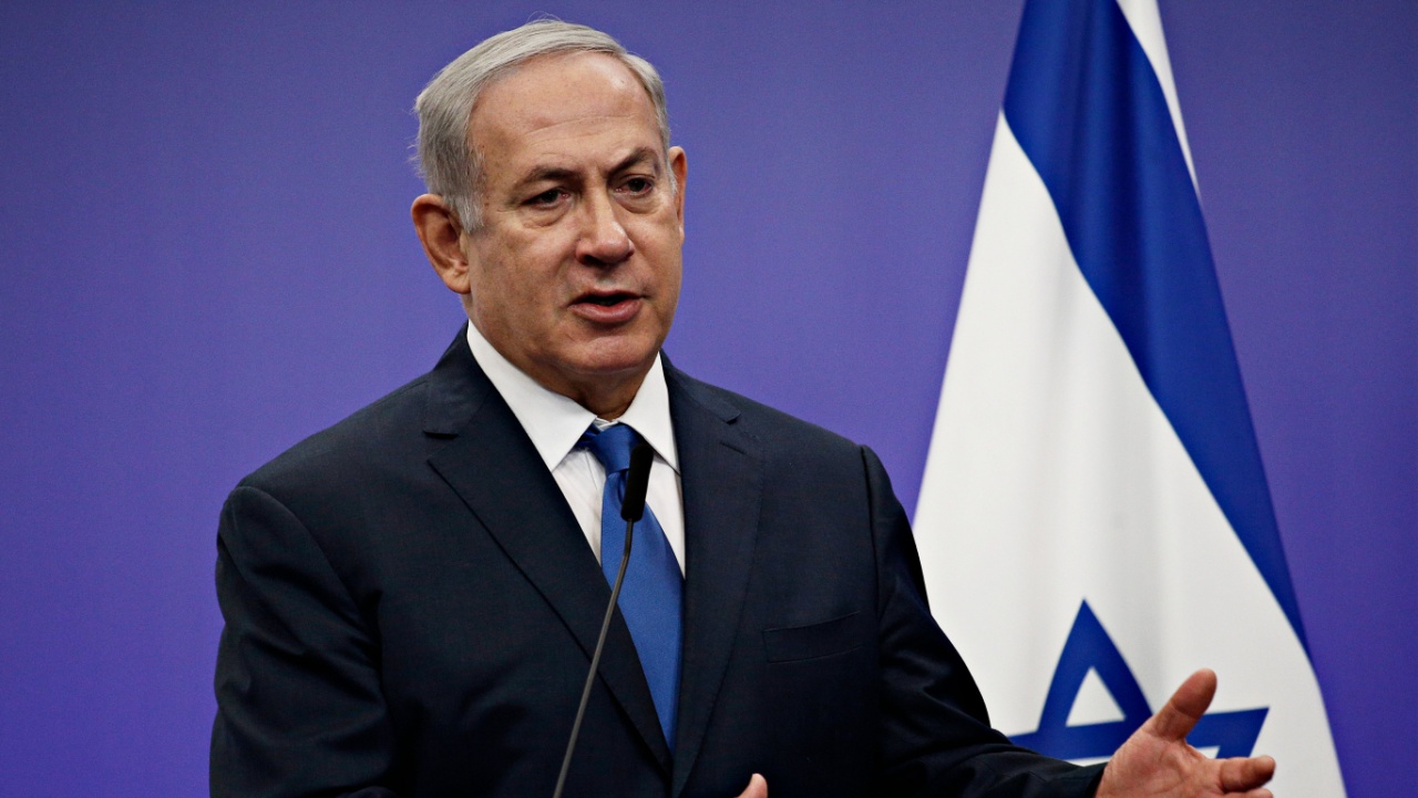 Israeli prime minister Benjamin Netanyahu attends a press conference.