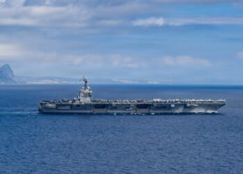 The world’s largest aircraft carrier, USS Gerald R. Ford (CVN 78), transits the Strait of Gibraltar, Oct. 1, 2025.