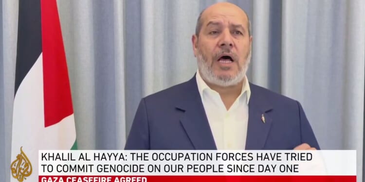 Khalil Al Hayya speaks about alleged genocide by occupation forces, emphasizing the ongoing conflict and recent Gaza ceasefire agreement.