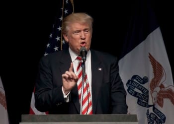 Republican presidential candidate Donald Trump addresses a group of 1600 supporters at rally in the Seven Flags event center.