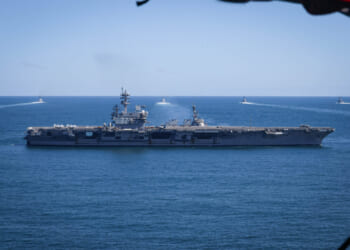 The Nimitz-class aircraft carrier USS George H.W. Bush (CVN 77) conducts a Titans of the Sea Presidential Review dress rehearsal.