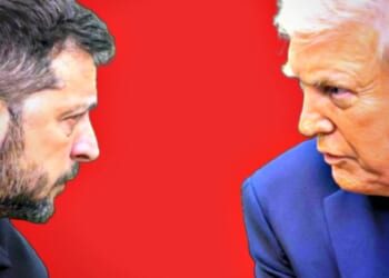 Close-up of two men in profile, engaged in a serious conversation against a red background, highlighting their intense expressions and contrasting appearances.