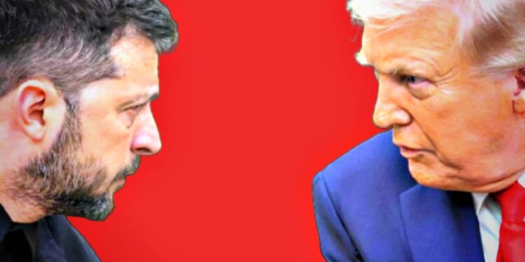 Close-up of two men in profile, engaged in a serious conversation against a red background, highlighting their intense expressions and contrasting appearances.