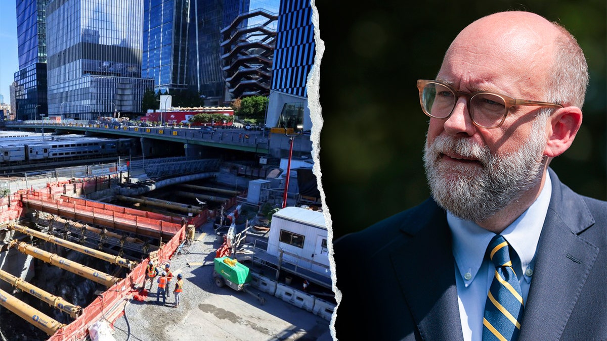 Russell Vought outside the White House beside photo of Hudson Tunnel construction site in New York.