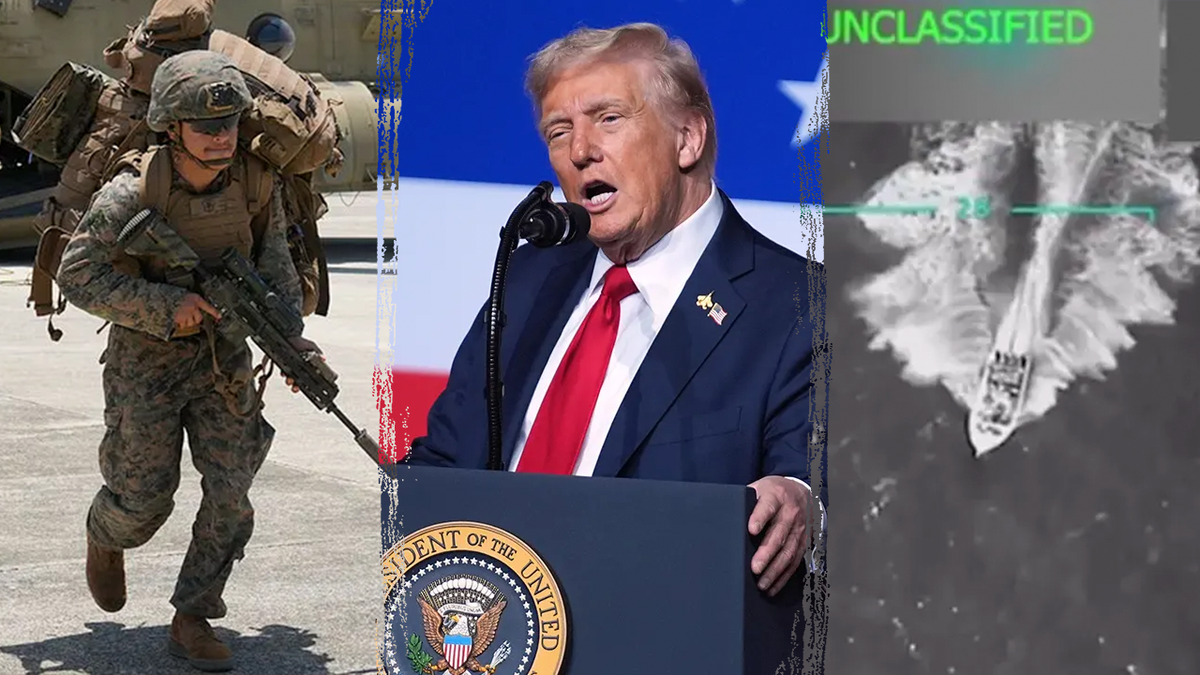 A split of a U.S. military service member, President Trump and a drug boat being targeted