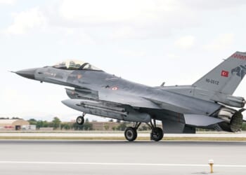 A Turkish F-16 fighter taking off.