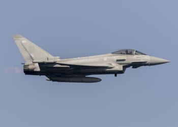 An RAF Eurofighter Typhoon FGR4 performing aerial demonstrations during Armed Forces Day celebrations in Scarborough, UK 29th June 2019.