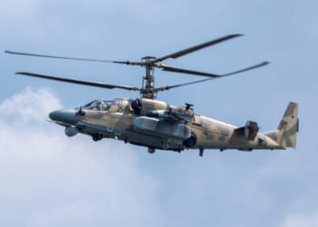 Demonstration of the Kamov Ka-52 Alligator attack helicopter of the Russian Air Force at MAKS-2021, Russia.