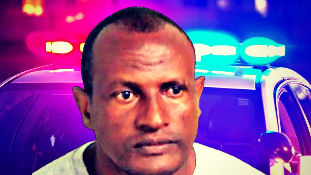 Close-up of a man with a serious expression, standing in front of a police car with flashing lights, emphasizing a law enforcement context.