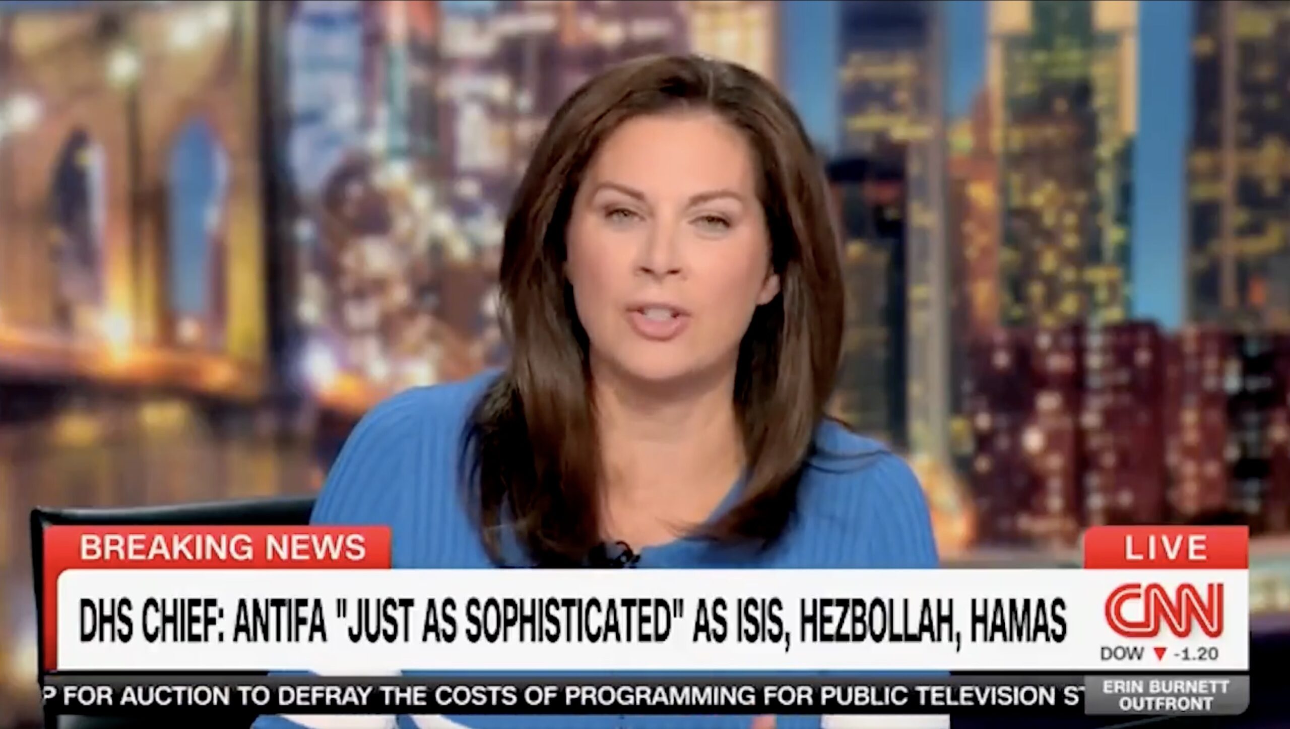 CNN anchor discusses DHS Chief's statement comparing Antifa to ISIS, Hezbollah, and Hamas during a breaking news segment.