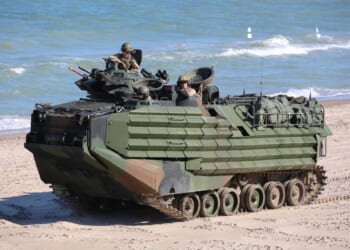 U.S. Marines, assigned to the 1st Battalion, 23rd Infantry Convoy, conduct a simulated amphibious assault during exercise BALTOPS 2017, June 6.
