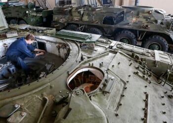 A Ukrainian tank undergoing repairs.