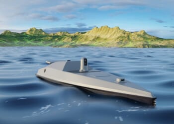 A 3D rendering of a Ukrainian sea drone in the Black Sea.