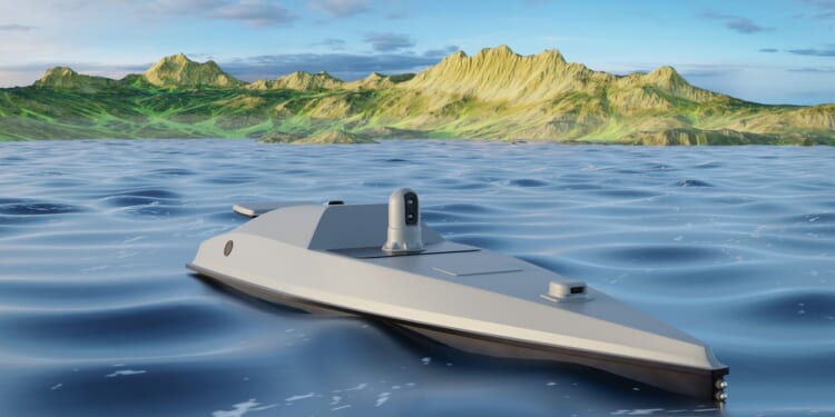 A 3D rendering of a Ukrainian sea drone in the Black Sea.