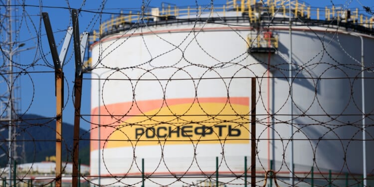 Oil storage with the inscription ROSNEFT in the city of Tuapse