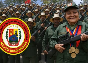 Venezuelan militia members in uniform stand behind a smiling woman holding a rifle, showcasing unity and pride during a military event.