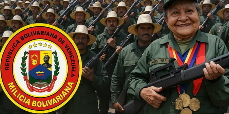 Venezuelan militia members in uniform stand behind a smiling woman holding a rifle, showcasing unity and pride during a military event.
