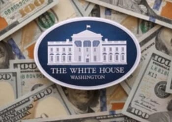 The White House logo surrounded by hundred-dollar bills, symbolizing U.S. government and finance.