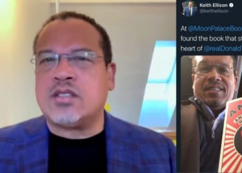 Keith Ellison discussing a book at Moon Palace Books, featuring a selfie with the cover of "Antifa: The Anti-Fascist Handbook" in the background.