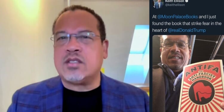 Keith Ellison discussing a book at Moon Palace Books, featuring a selfie with the cover of "Antifa: The Anti-Fascist Handbook" in the background.
