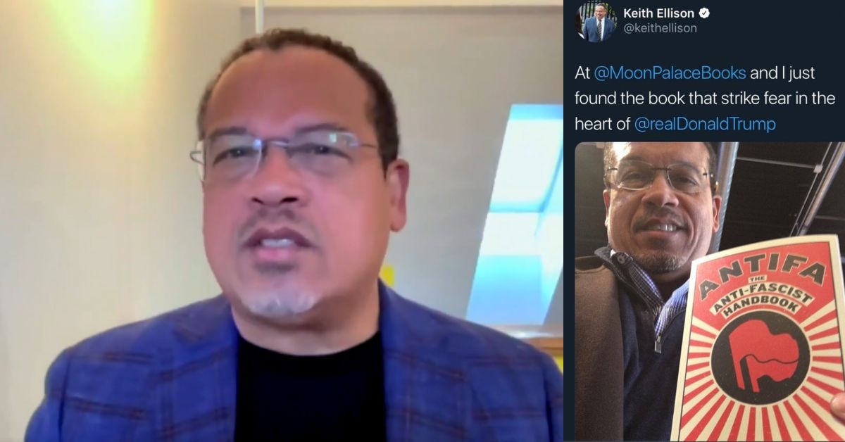 Keith Ellison discussing a book at Moon Palace Books, featuring a selfie with the cover of "Antifa: The Anti-Fascist Handbook" in the background.