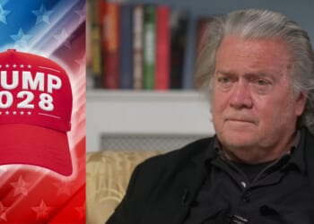 Steve Bannon appears thoughtful next to a red "Trump 2028" cap against a patriotic background.