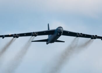 A B-52 Stratofortress in flight.