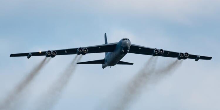 A B-52 Stratofortress in flight.