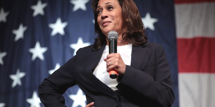 Kamala Harris speaking at a podium with a microphone, set against a backdrop of the American flag.