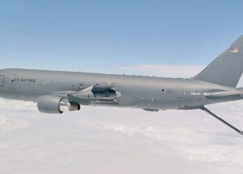 A KC-46 tanker in flight.