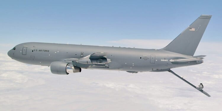 A KC-46 tanker in flight.