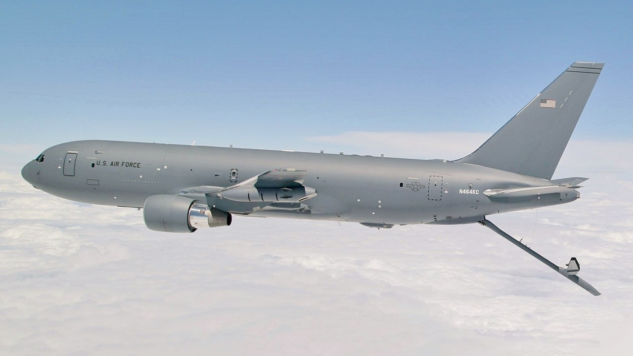 A KC-46 tanker in flight.