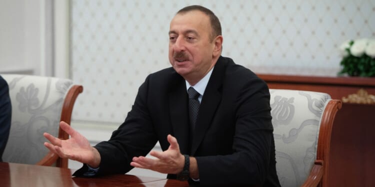 Azerbaijani president Ilham Aliyev discusses issues in Baku, Azerbaijan.