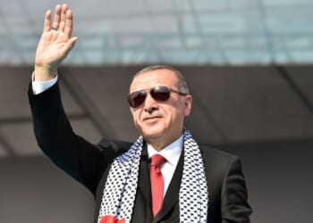 Turkish president Recep Erdogan leads a pro-Palestinian protest.