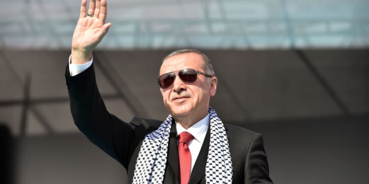 Turkish president Recep Erdogan leads a pro-Palestinian protest.