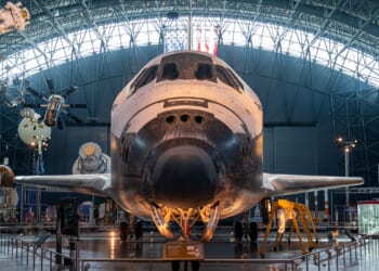 The Discovery space shuttle on display.