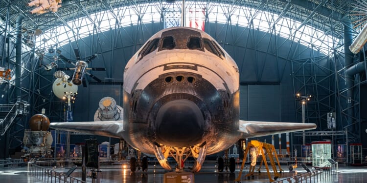 The Discovery space shuttle on display.