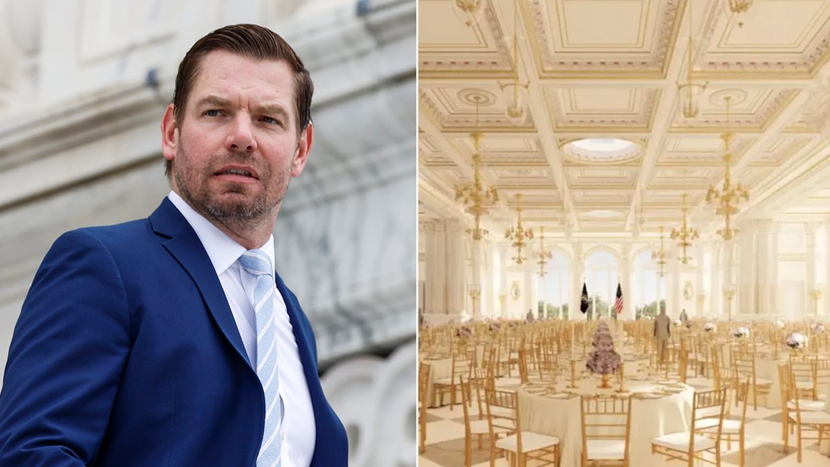 A side by side photo of Rep. Eric Swalwell and a rendering of President Donald Trump's new White House ballroom.