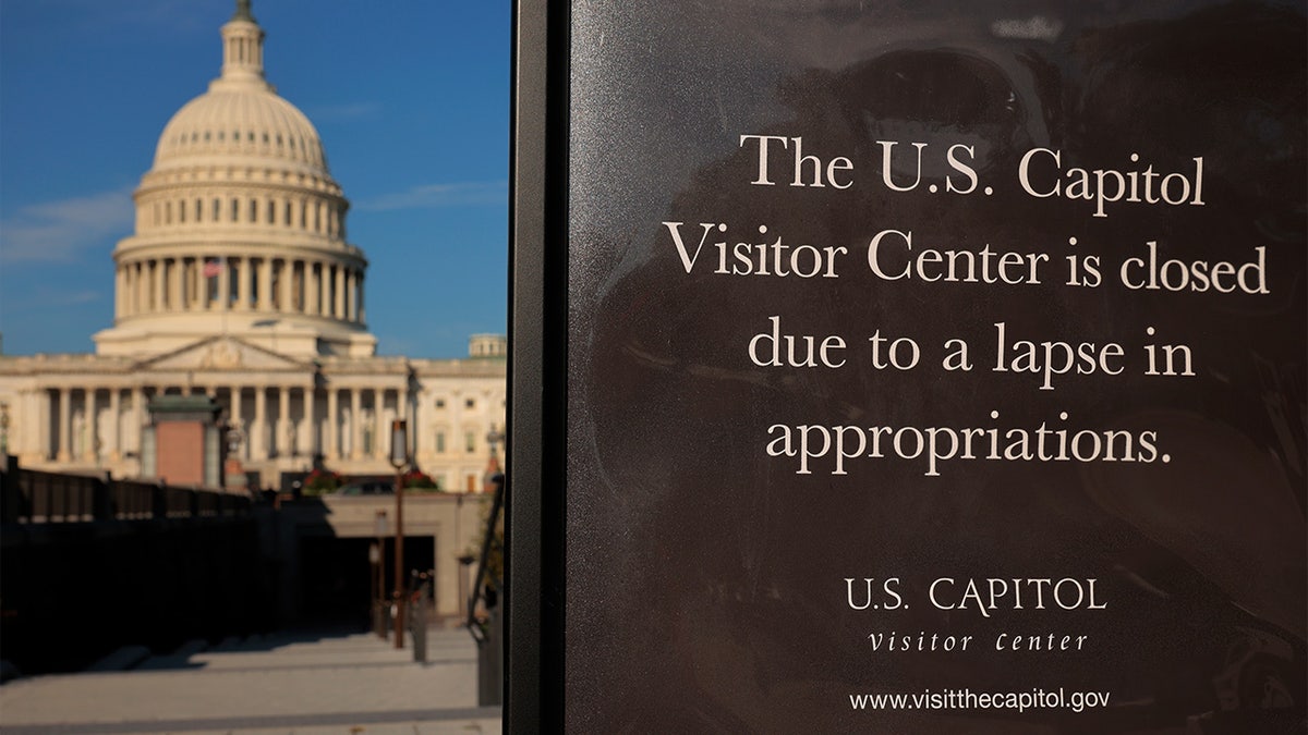 Capitol dome and sign warning the Captiol's visitor center is closed due to the shutdown