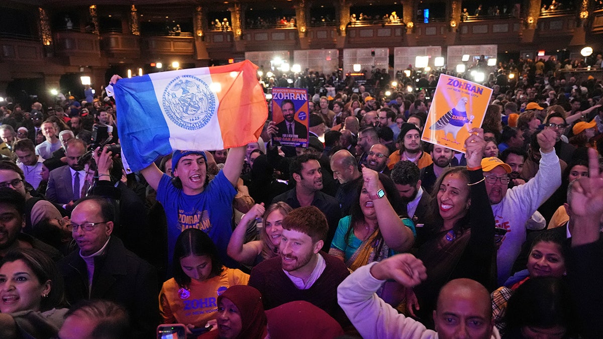 Supporters of New York City Mayoral candidate Zohran Mamdani celebrate