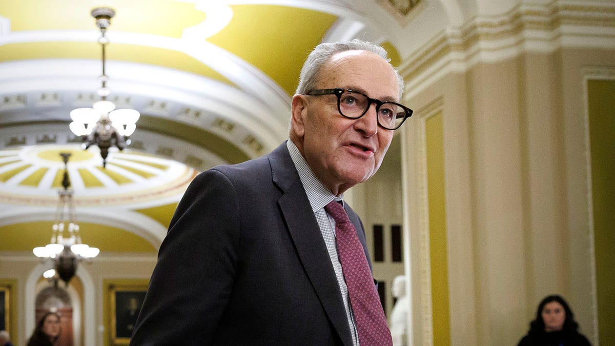 Senate Minority Leader Chuck Schumer, D-N.Y., readies to speak with reporters.