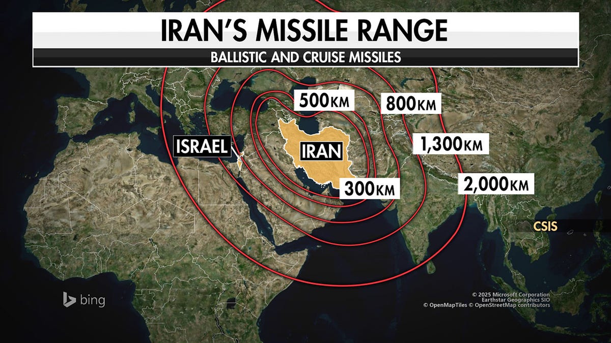 A map shows what is within range of ballistic missiles fired from Iran.
