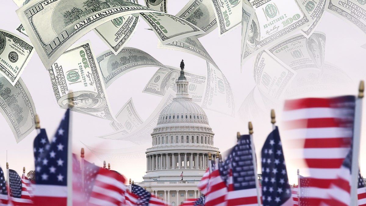 The United States Capitol building surrounded by falling money