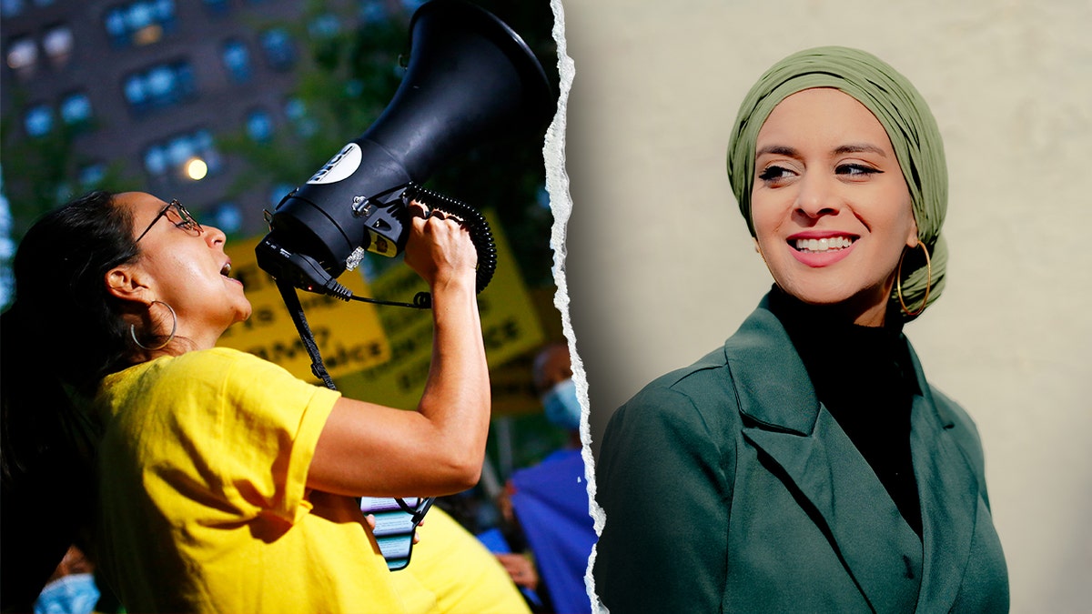 Diana Moreno leads a chant outside Sen. Chuck Schumer’s home; Rana Abdelhamid poses in Queens.