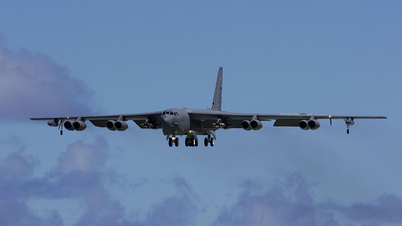 A B-52 Stratofortress bomber landing.